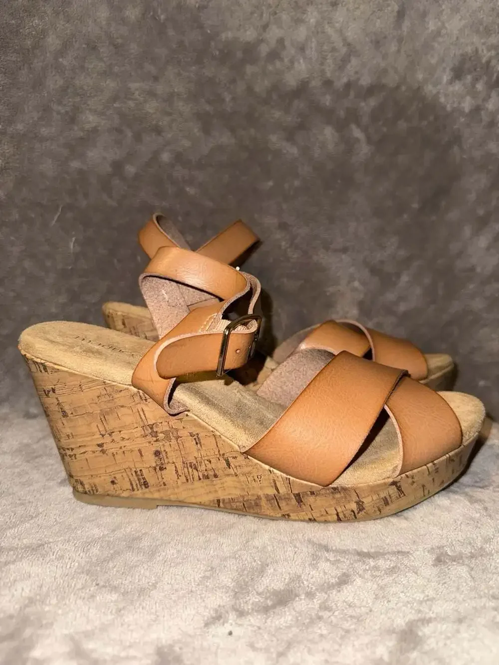 Maurices Elsa Tan Faux Leather Cork Wedge Sandals Size 8.5M